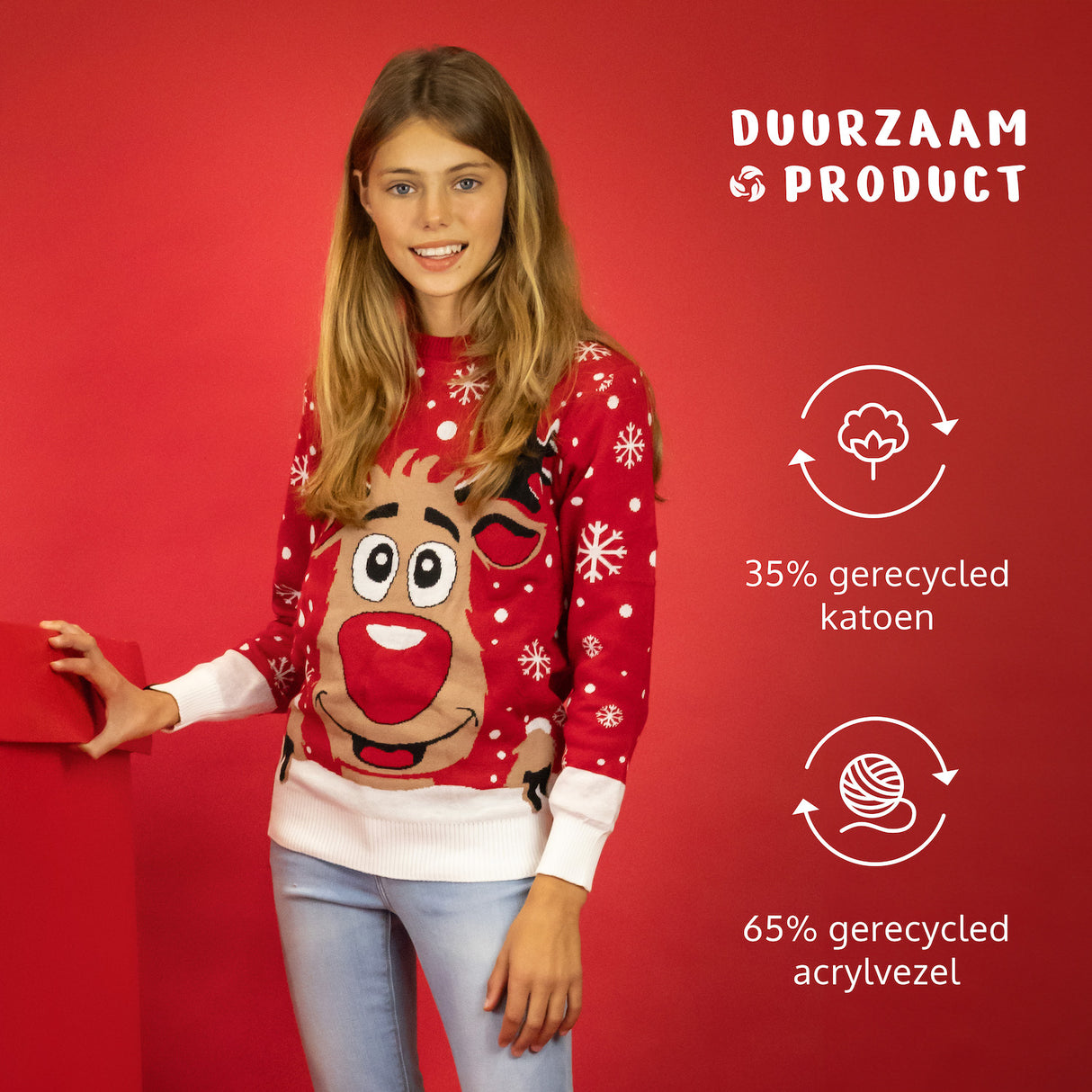 JAP Weihnachtspullover - Rudolf das Rentier - Rot