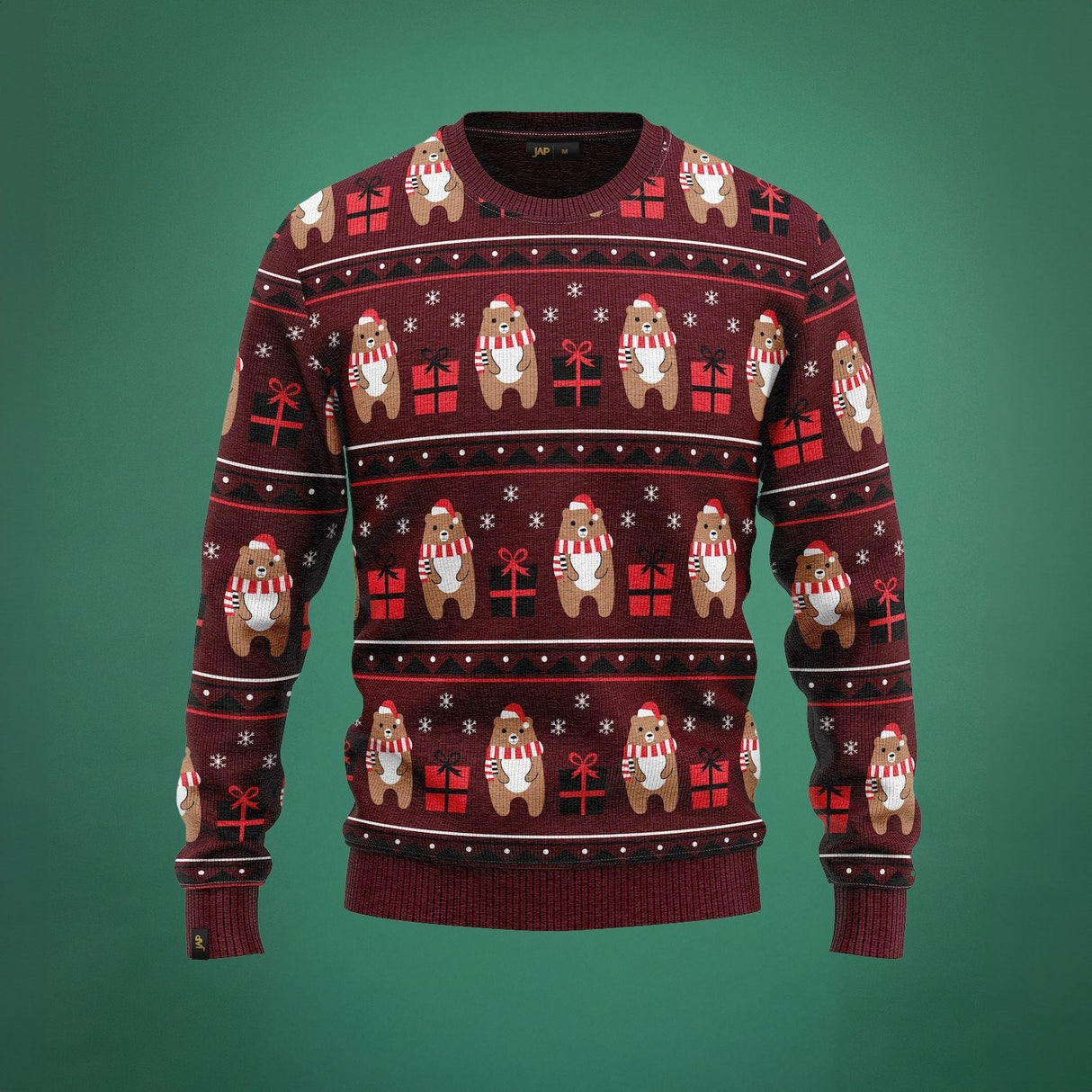 JAP Weihnachtspullover - Bär mit Geschenk - Rot