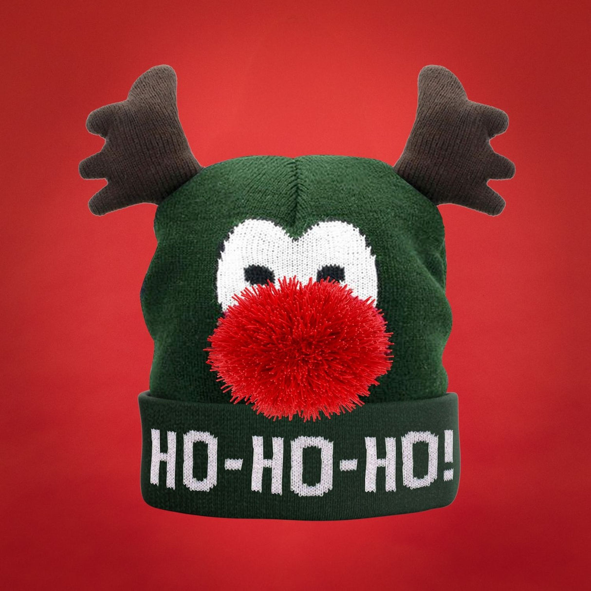 JAP Weihnachtsmütze mit Hörnern und 3D Nase - Rudolf das Rentier - Grün