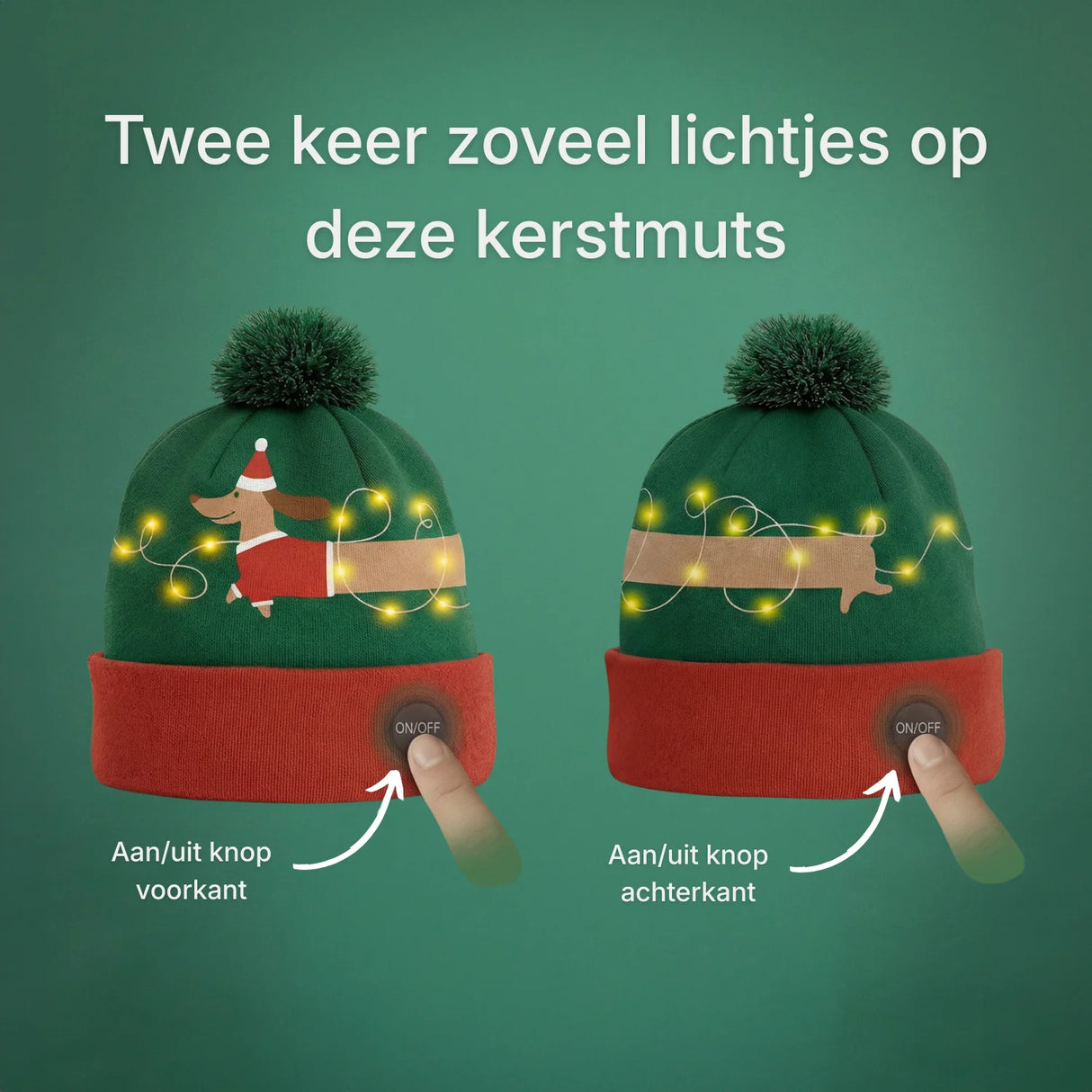 Kerstmuts met lichtjes - Teckel - Groen