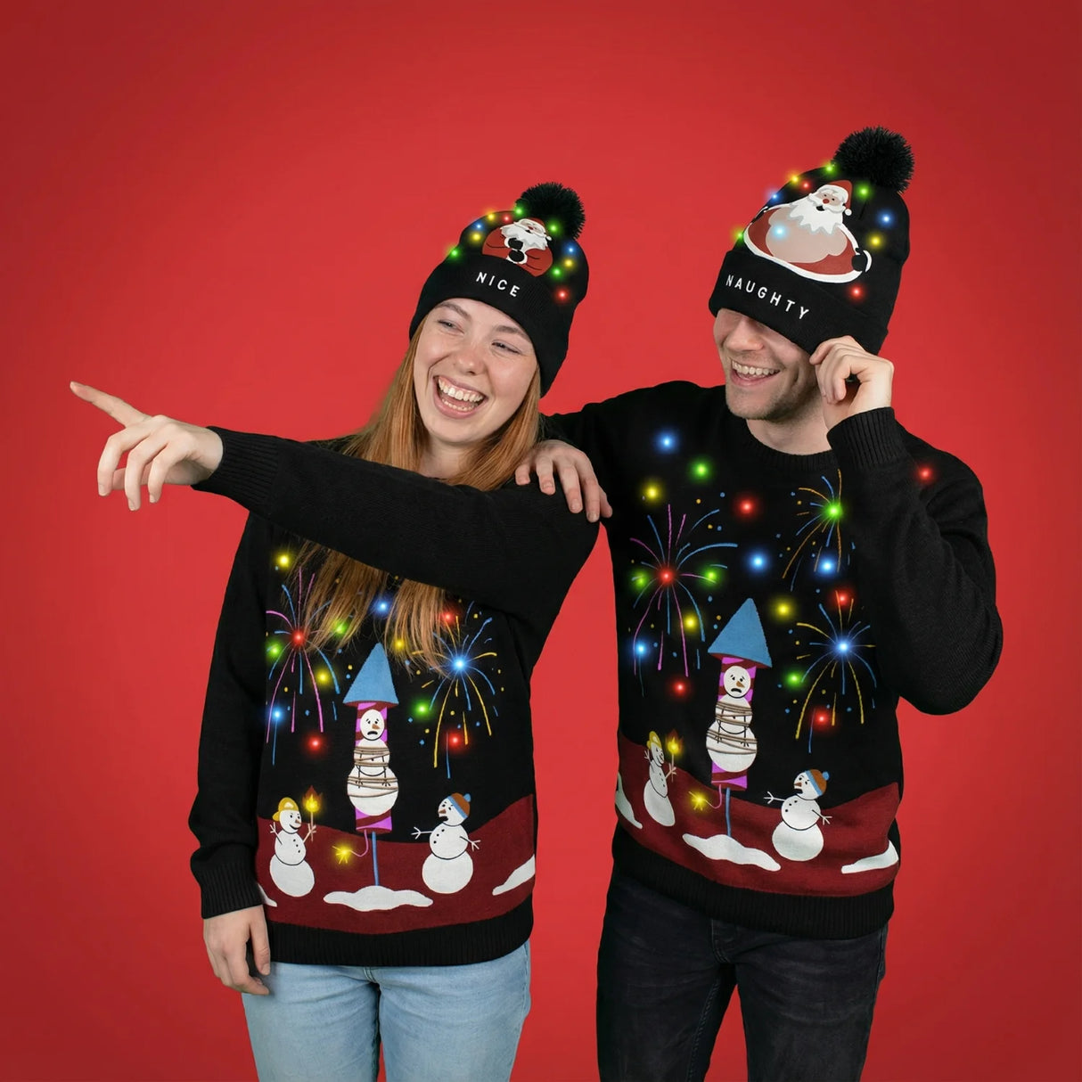 Kerstmuts met lichtjes - Nice/Naughty Kerstman - Zwart