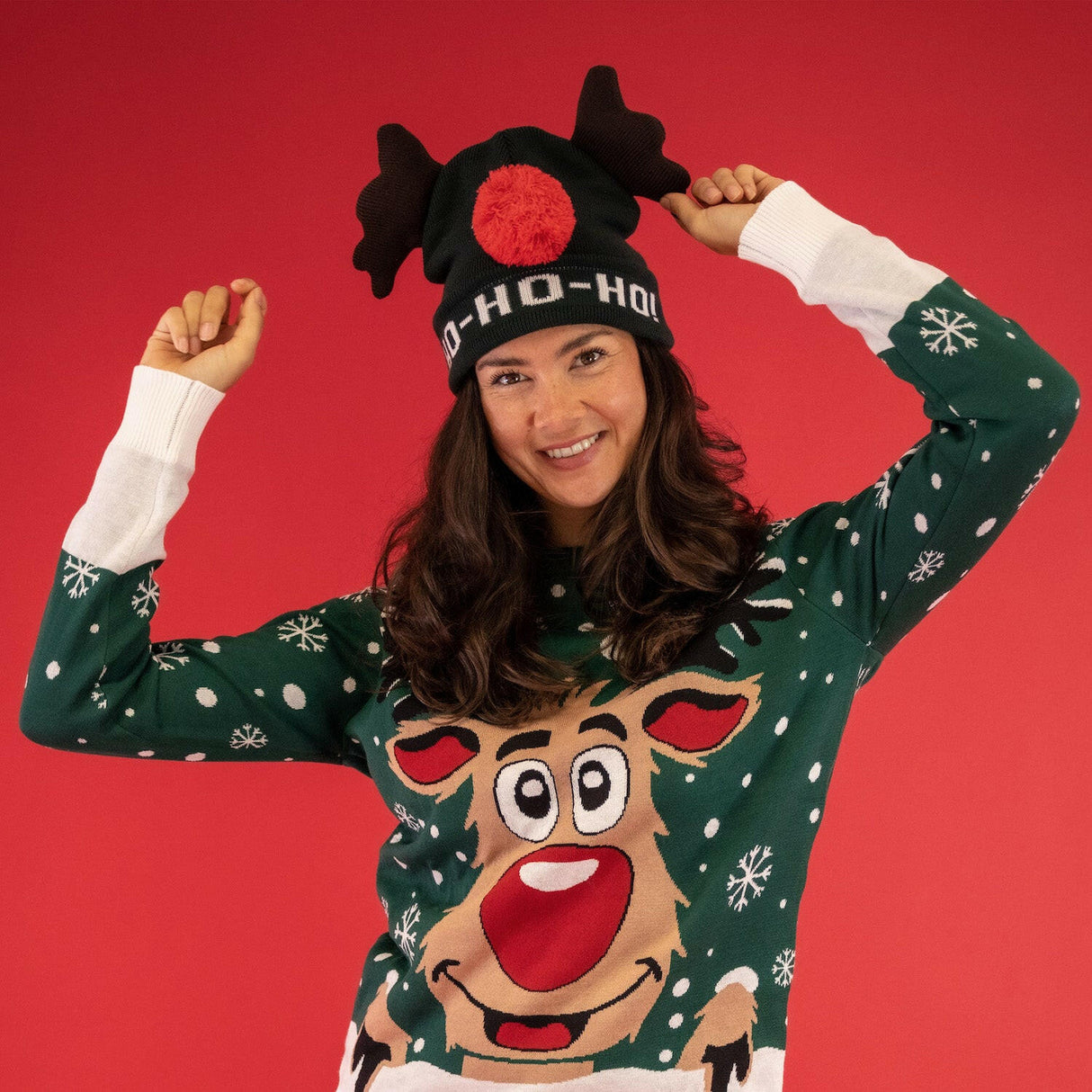 JAP Weihnachtsmütze mit Hörnern und 3D Nase - Rudolf das Rentier - Grün