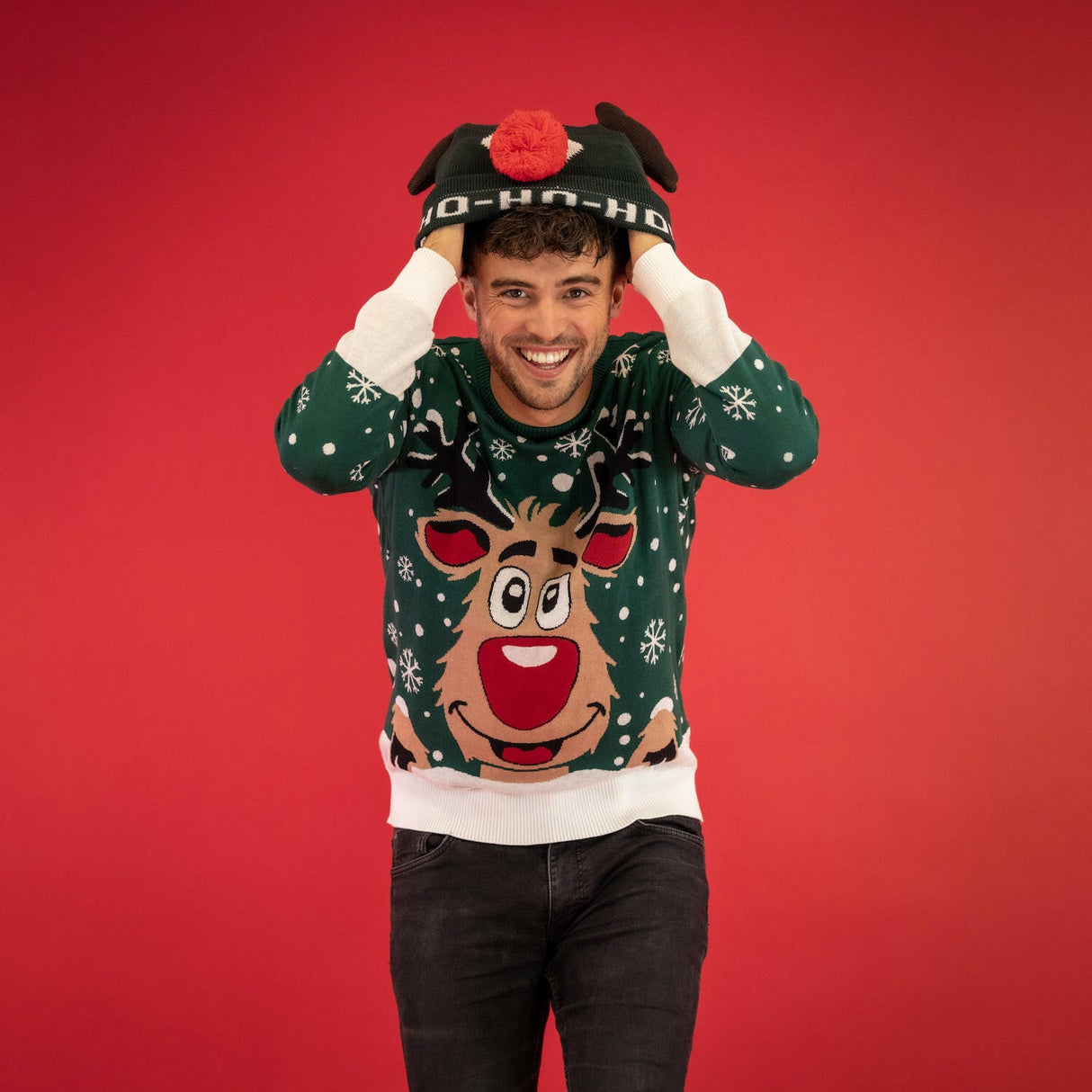 JAP Weihnachtsmütze mit Hörnern und 3D Nase - Rudolf das Rentier - Grün