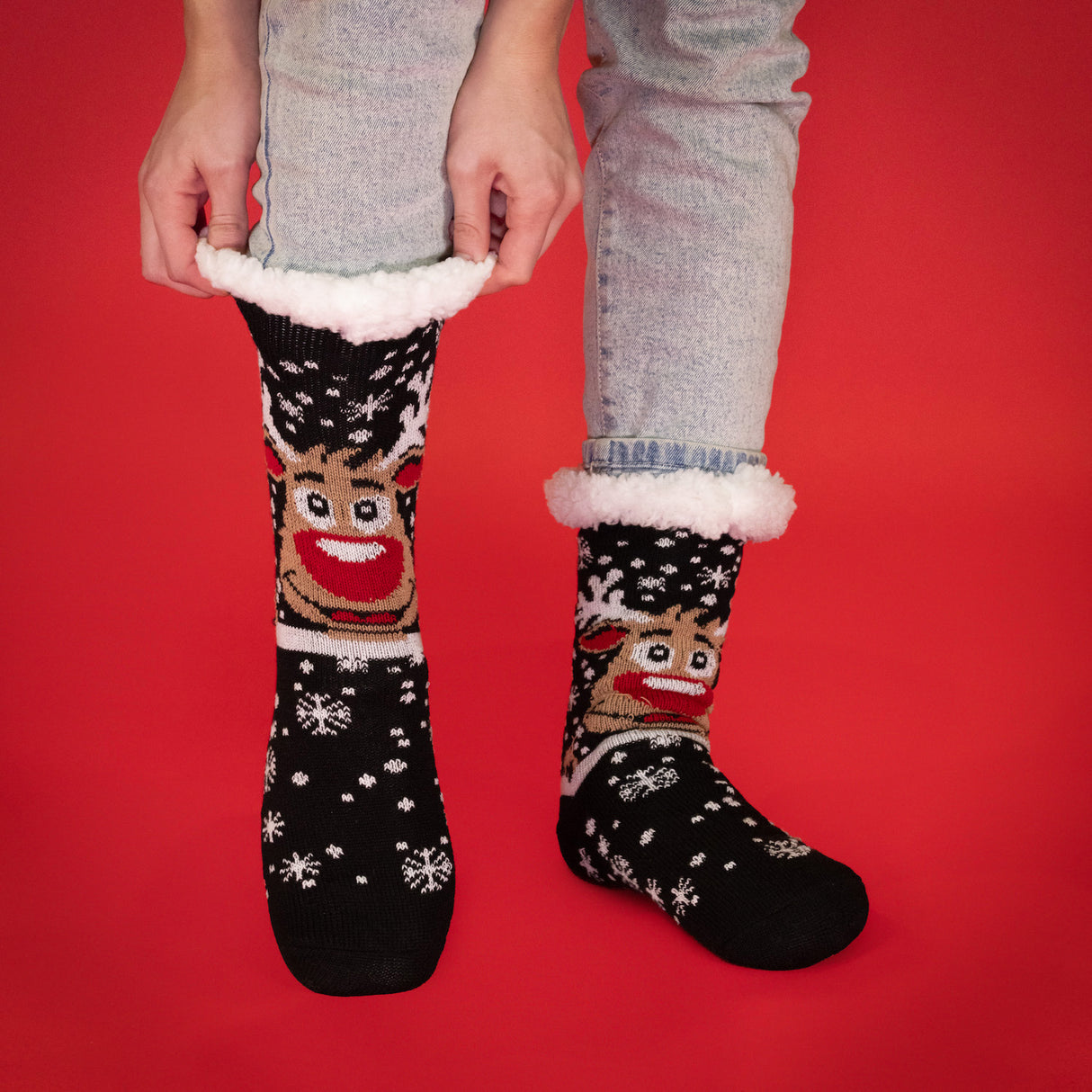 JAP Weihnachtssocken mit Rutschschutz - Rudolf das Rentier - Schwarz