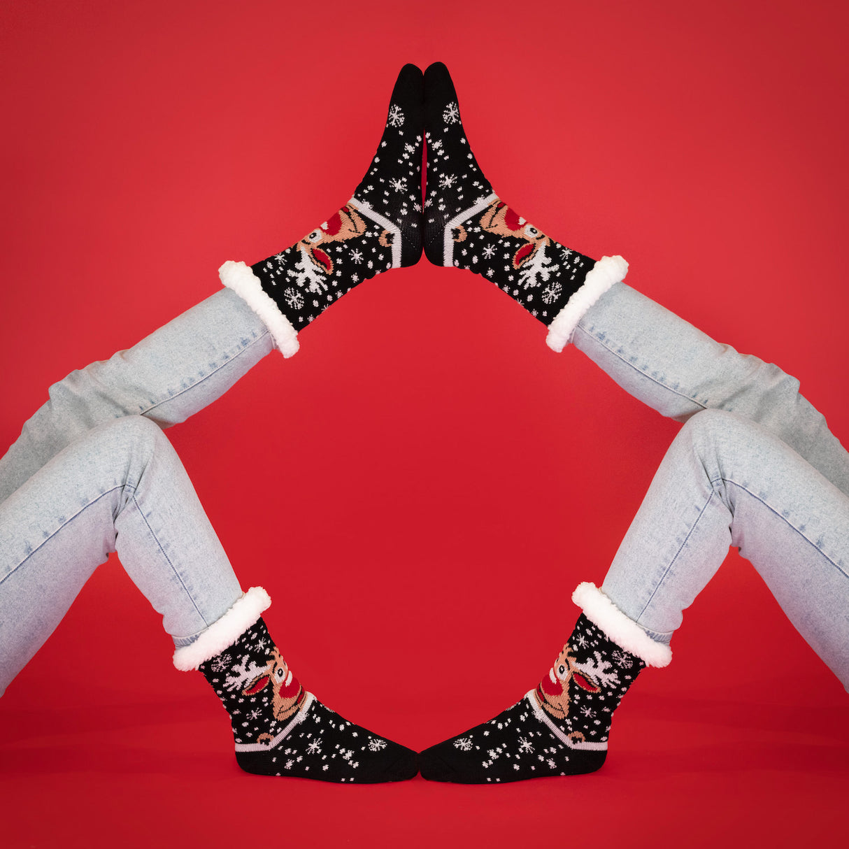 JAP Weihnachtssocken mit Rutschschutz - Rudolf das Rentier - Schwarz