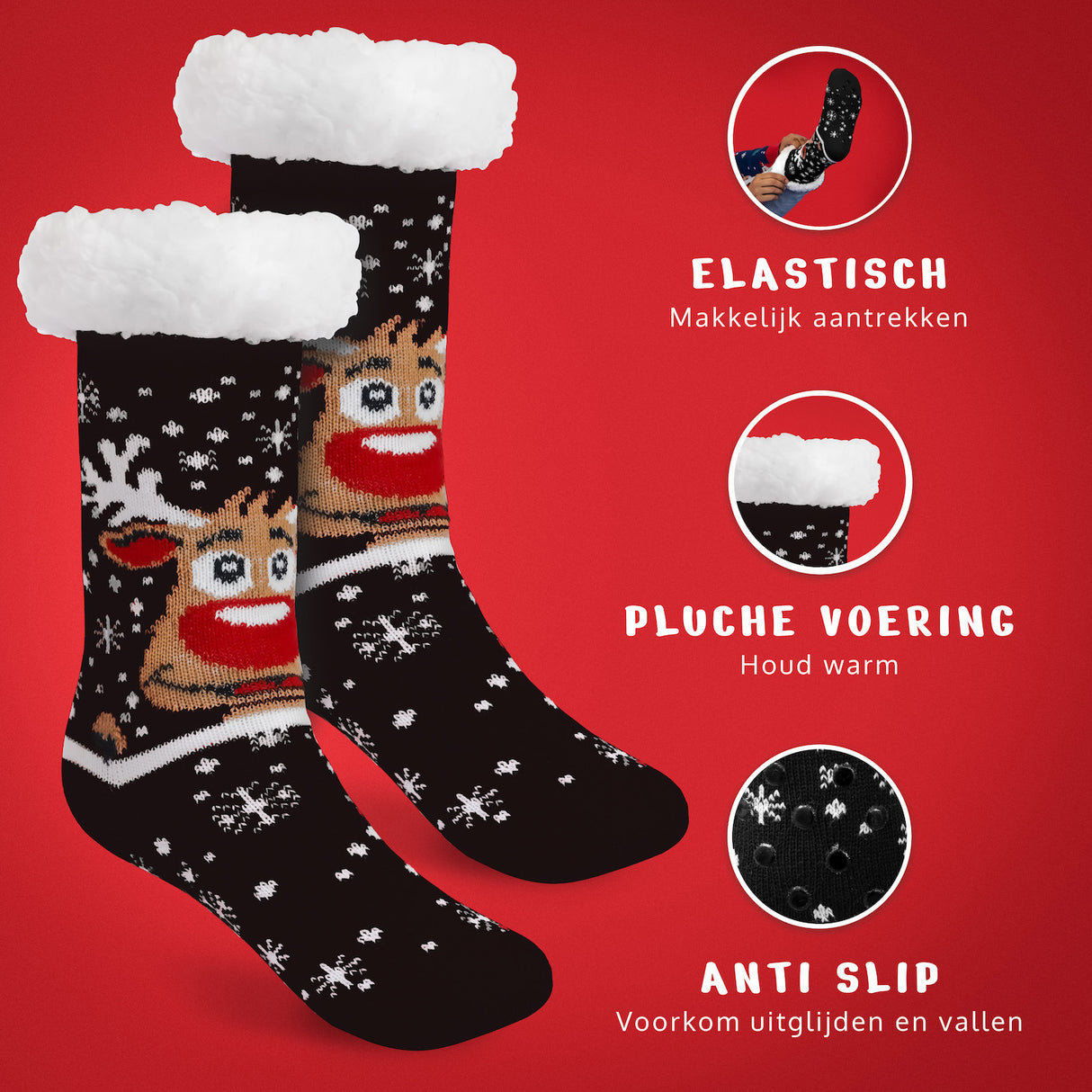JAP Weihnachtssocken mit Rutschschutz - Rudolf das Rentier - Schwarz