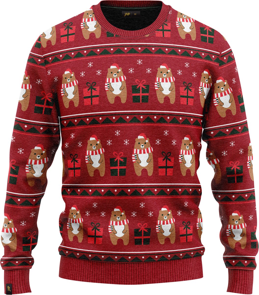 JAP Jongens Kersttrui - Beer met geschenk - Rood