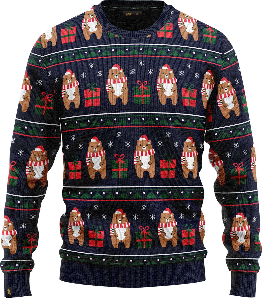 JAP Jongens Kersttrui - Beer met geschenk - Donker Blauw