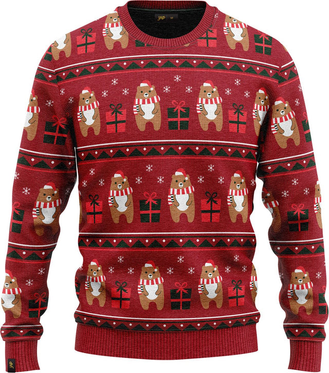 JAP Meisjes Kersttrui - Beer met geschenk - Rood