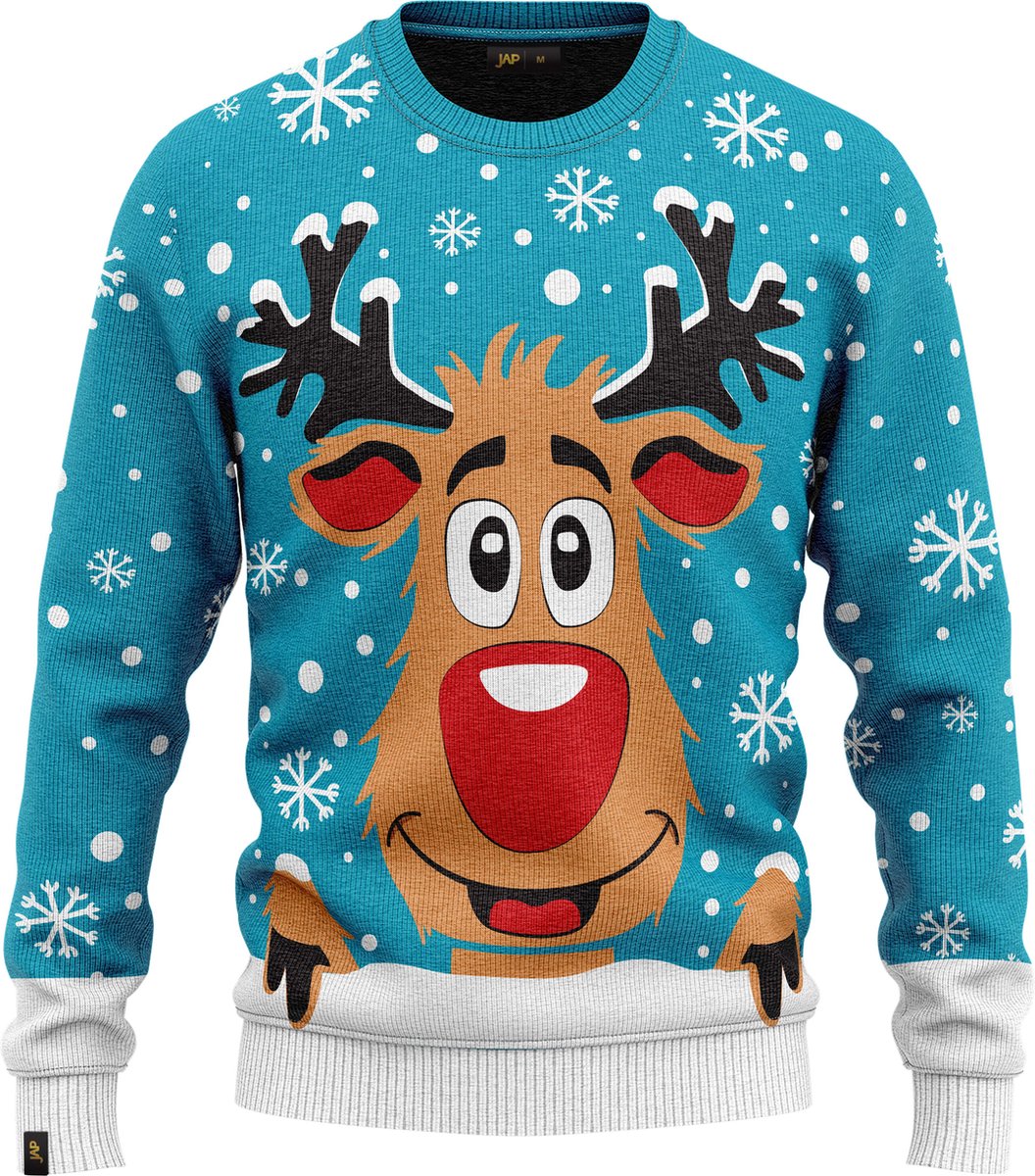 JAP Jungen Weihnachtspullover - Rudolf das Rentier - Hellblau