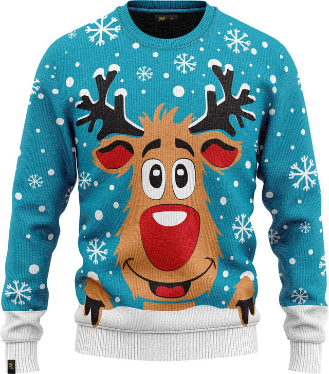 JAP Jungen Weihnachtspullover - Rudolf das Rentier - Hellblau