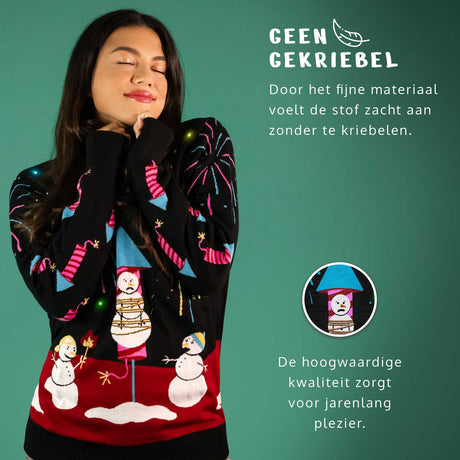 JAP Dames Kersttrui met lichtjes - Vuurwerk sneeuwpop avontuur