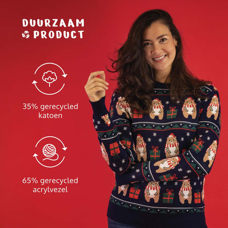 JAP Dames Kersttrui - Beer met geschenk - Donker Blauw