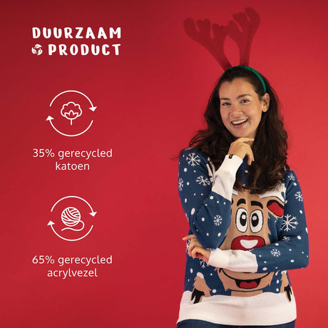 JAP Dames Kersttrui - Rudolf het Rendier - Donker Blauw