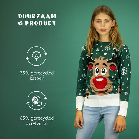 JAP Meisjes Kersttrui - Rudolf het Rendier - Groen