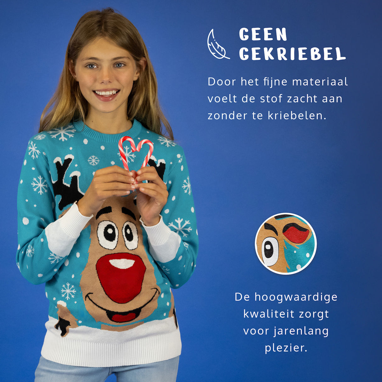 JAP Kersttrui - Rudolf het Rendier - Licht Blauw