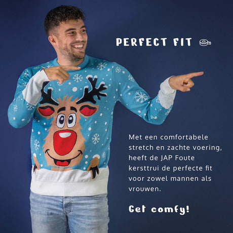 JAP Dames Kersttrui - Rudolf het Rendier - Licht Blauw