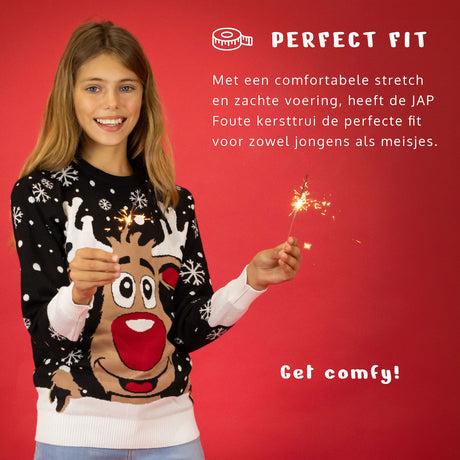 JAP Meisjes Kersttrui - Rudolf het Rendier - Zwart