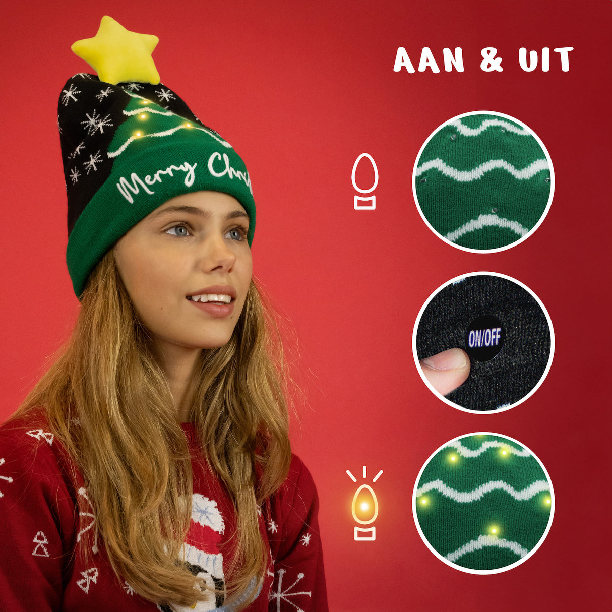 JAP Kerstmuts met lichtjes - Kerstboom - Groen/Zwart