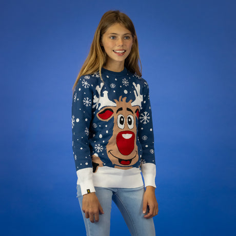 JAP Meisjes Kersttrui - Rudolf het Rendier - Donker Blauw