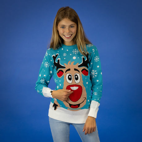 JAP Meisjes Kersttrui - Rudolf het Rendier - Licht Blauw