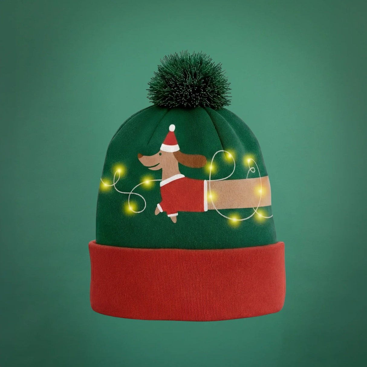 Kerstmuts met lichtjes - Teckel - Groen