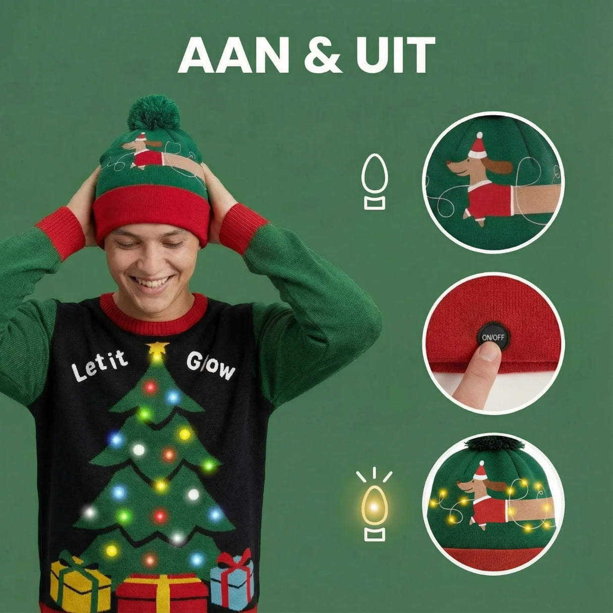 Kerstmuts met lichtjes - Teckel - Groen