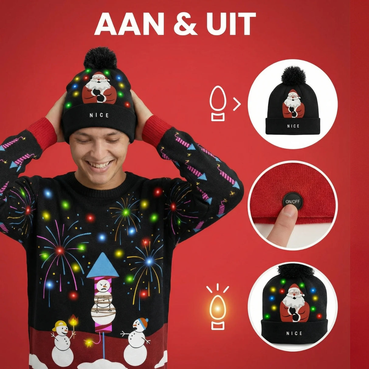 Kerstmuts met lichtjes - Nice/Naughty Kerstman - Zwart