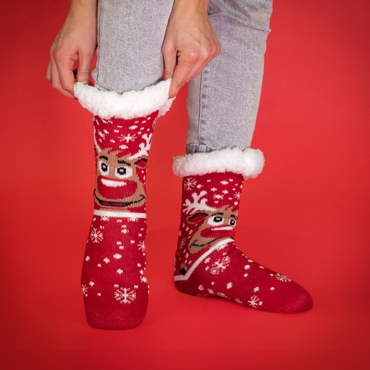 JAP Kerstsokken met anti slip - Rudolf het Rendier - Rood