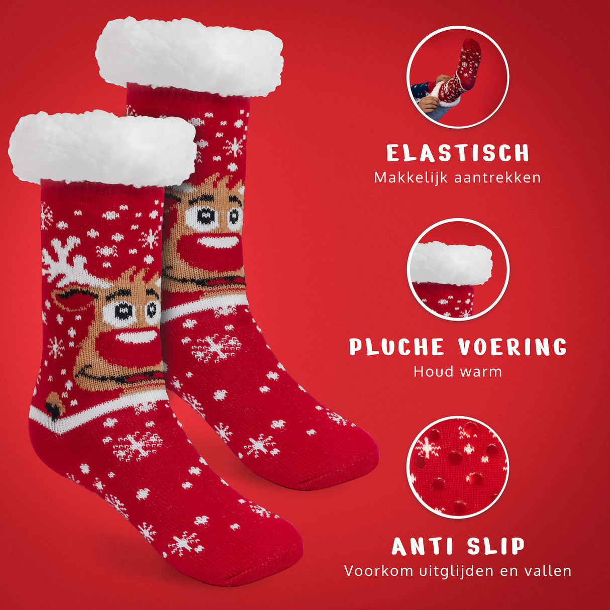 JAP Kerstsokken met anti slip - Rudolf het Rendier - Rood