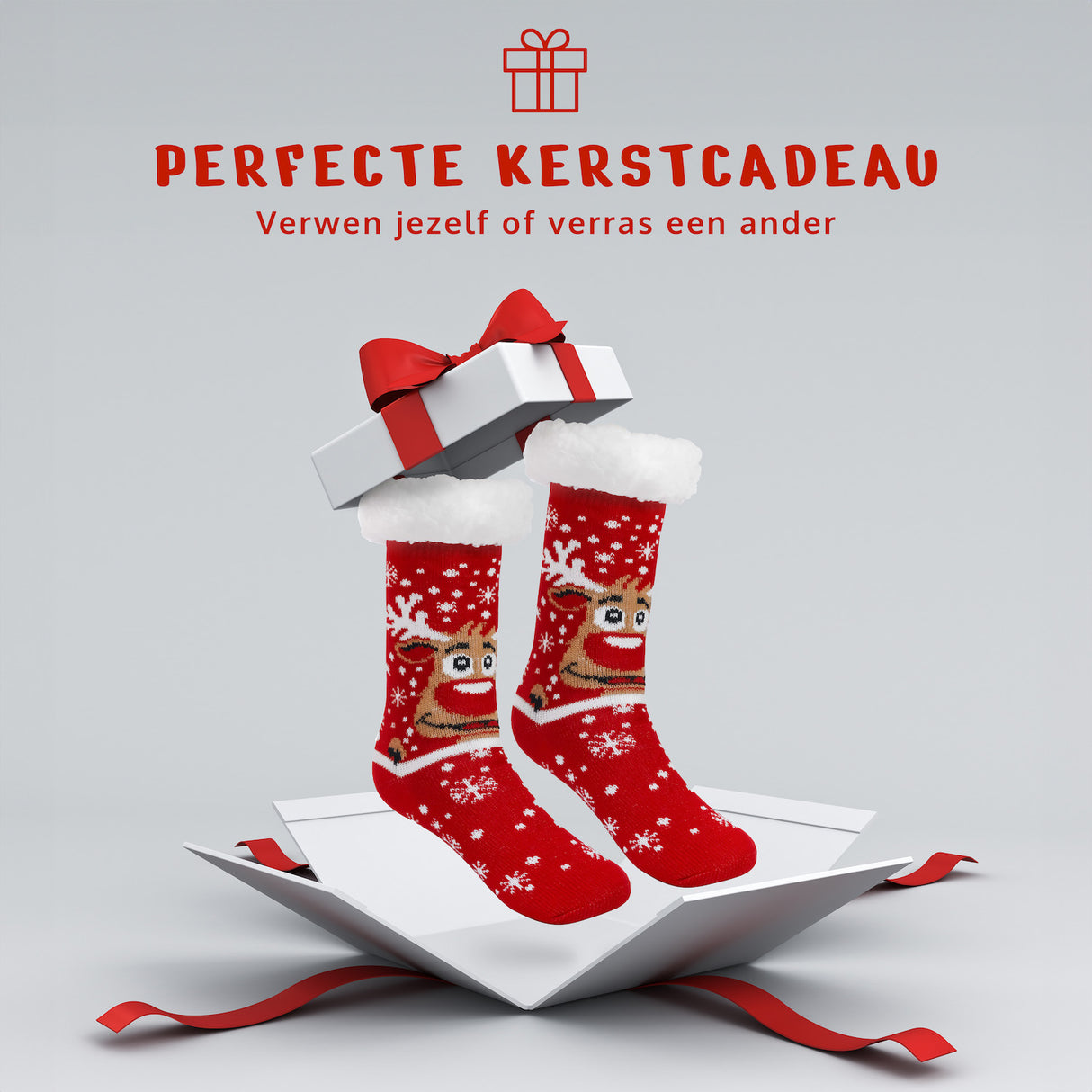 JAP Kerstsokken met anti slip - Rudolf het Rendier - Rood