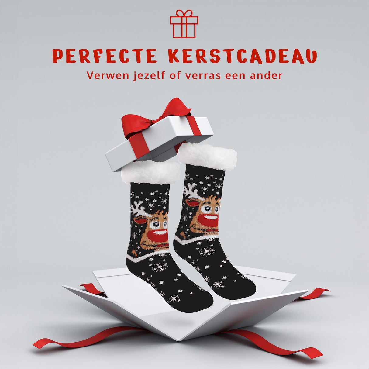 JAP Kerstsokken met anti slip - Rudolf het Rendier - Zwart