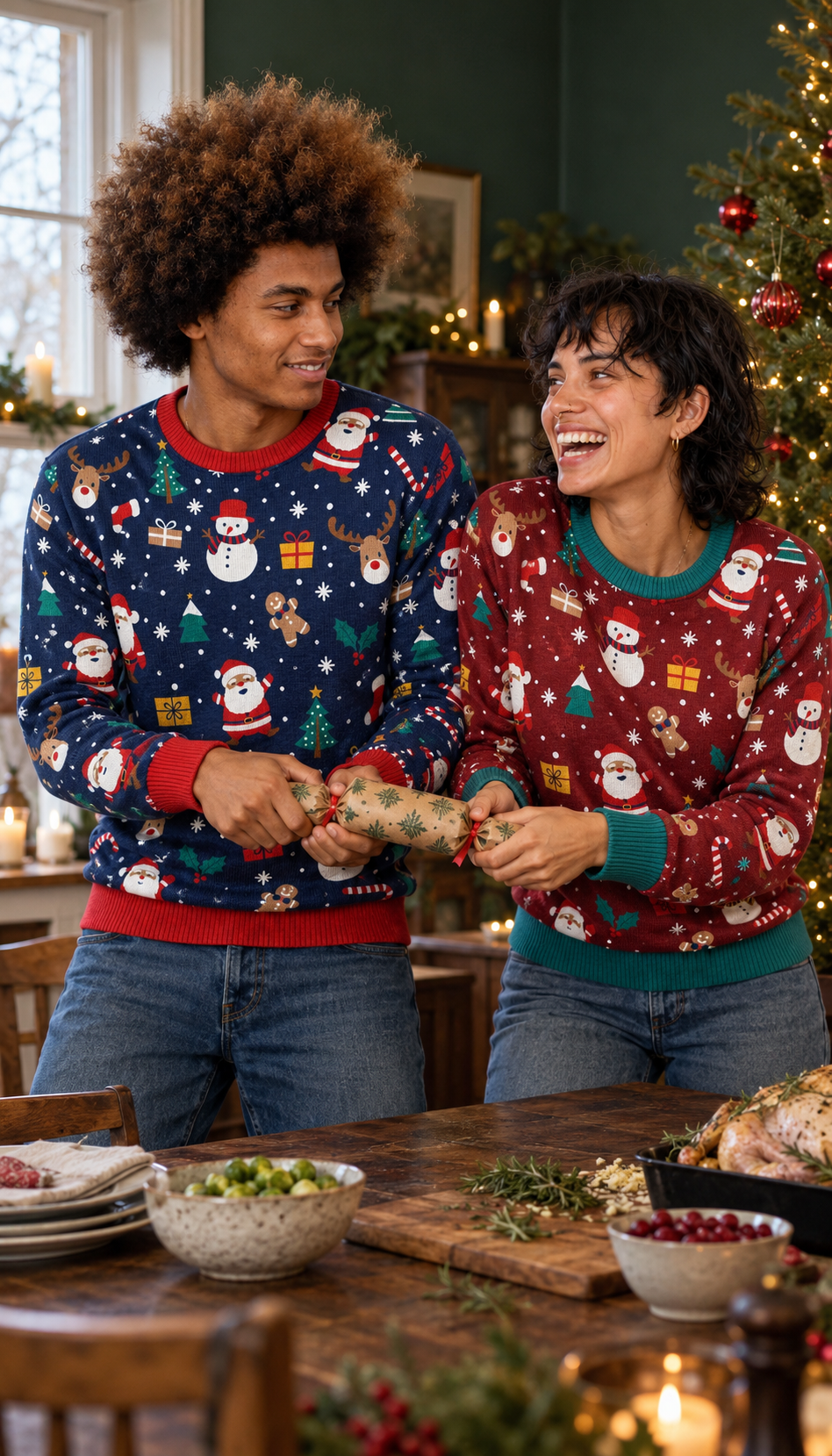 Koppel met Christmas Tale navy en bordeaux truien