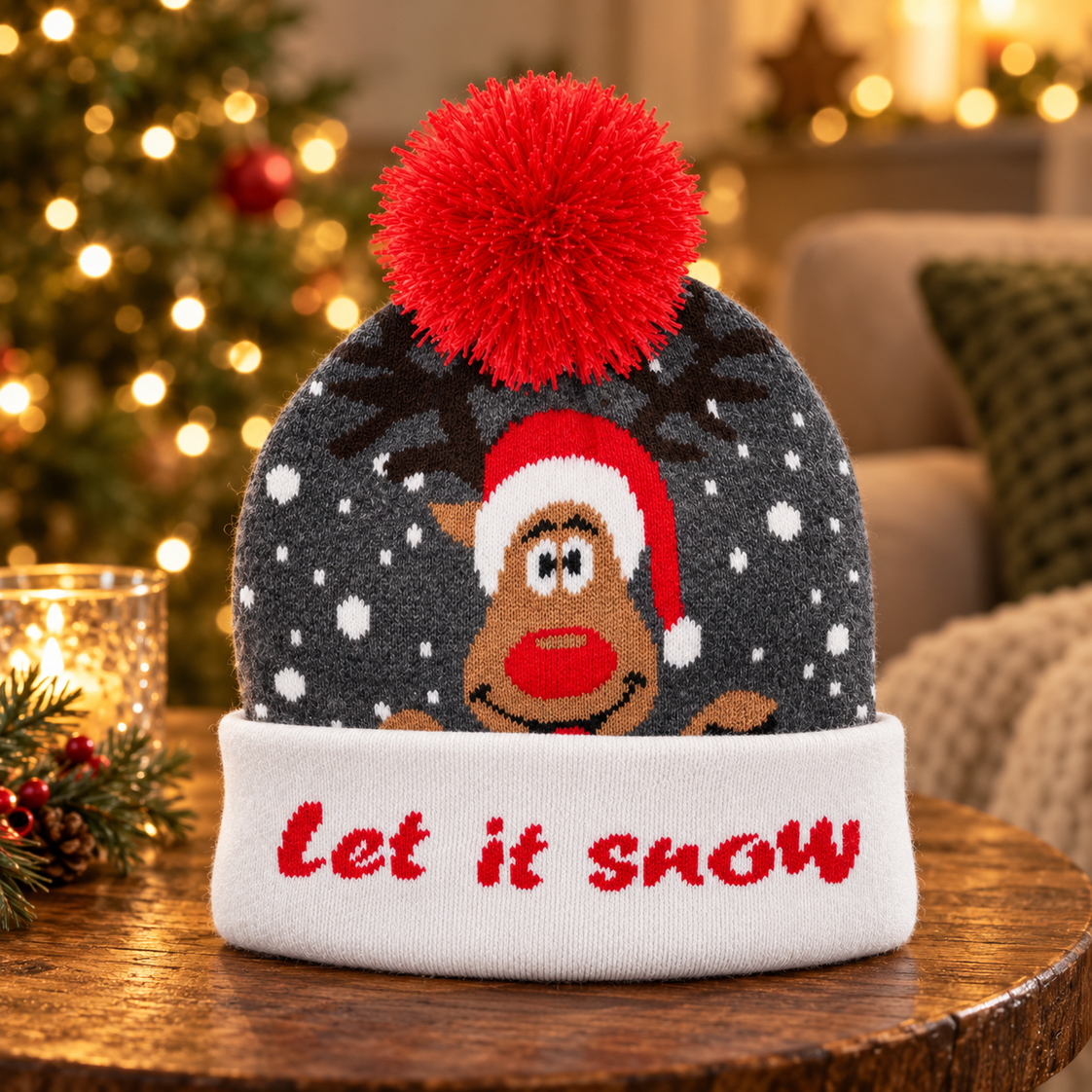 Grijze Let it snow Rudolf kerstmuts