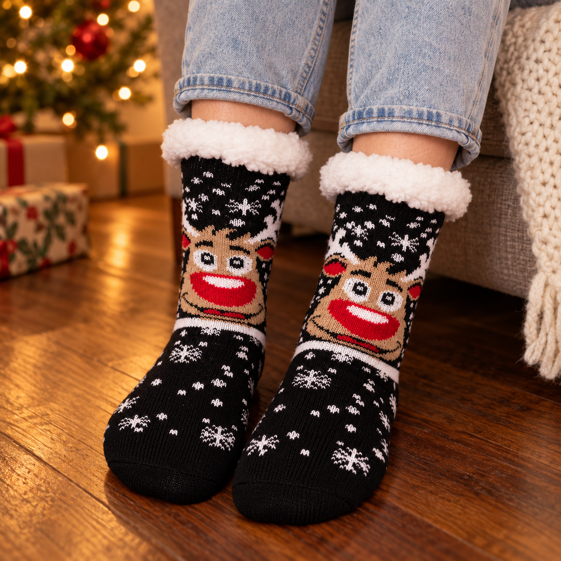 Zwarte Rudolf anti-slip kerstsokken
