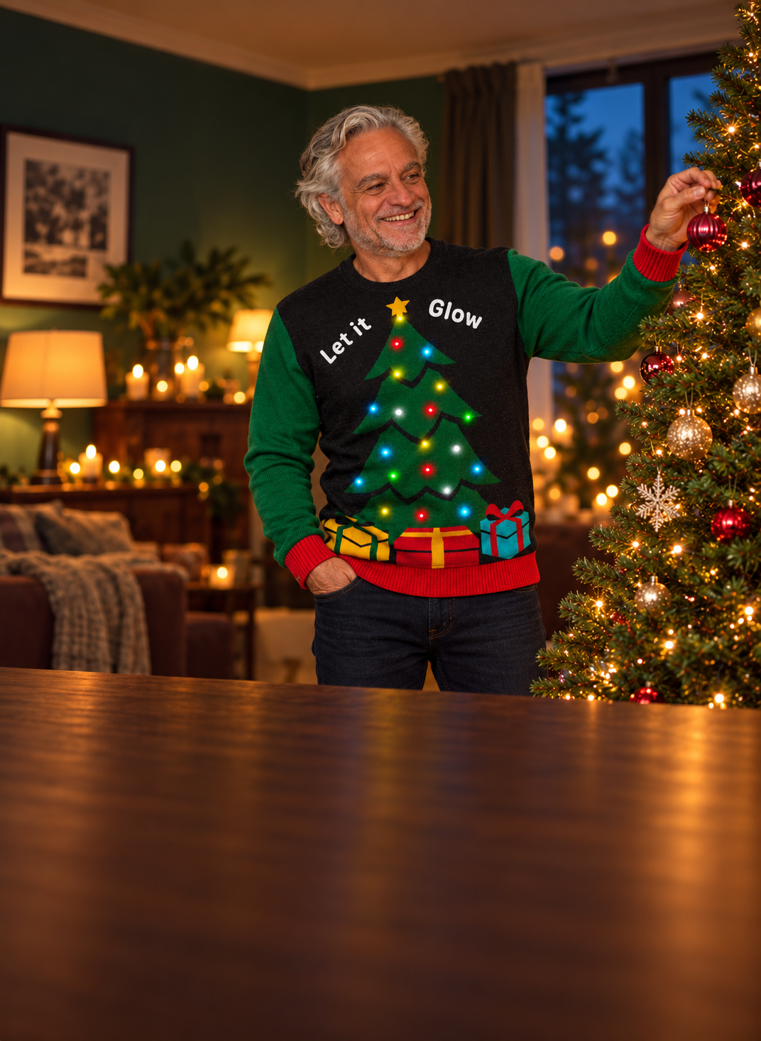 Volwassen herenmodel met Let it glow kersttrui